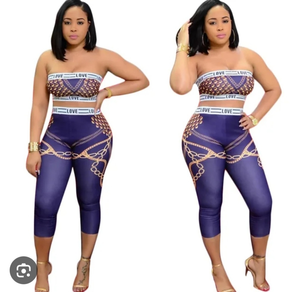 Fashion Nova Blue and Gold Chain Leggings Set